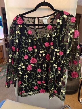 Embroidered Floral Black Sheer Blouse with Pink & Cream Blooms